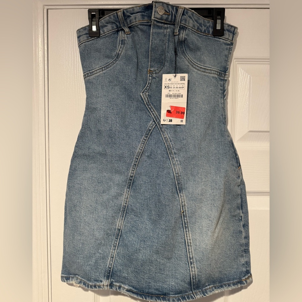 Zara Blue Strapless Dress Elegant Fitted Design